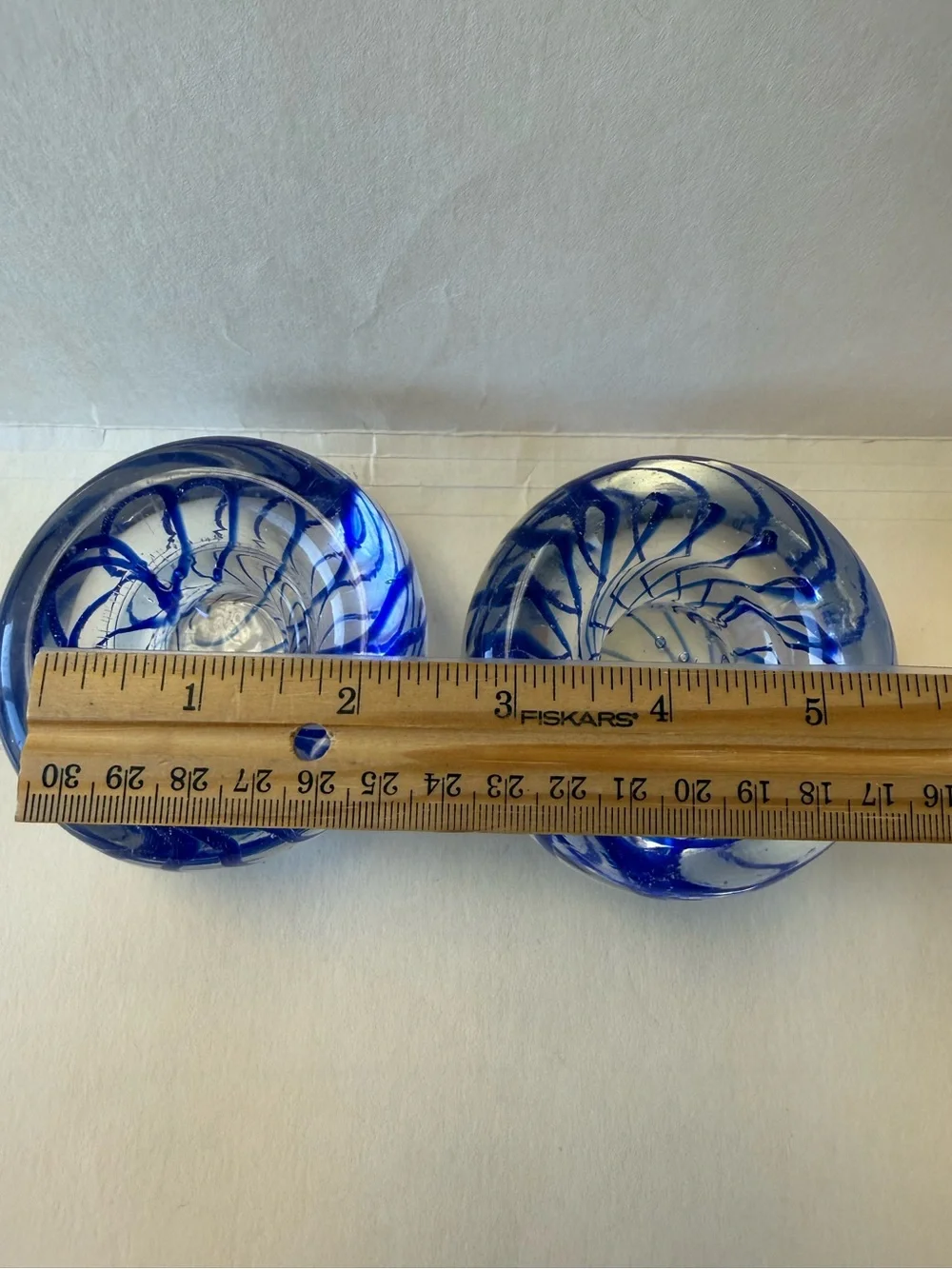 Pair of Handmade Art Glass Paperweight Candle Holders. Clear with Blue Swirl.